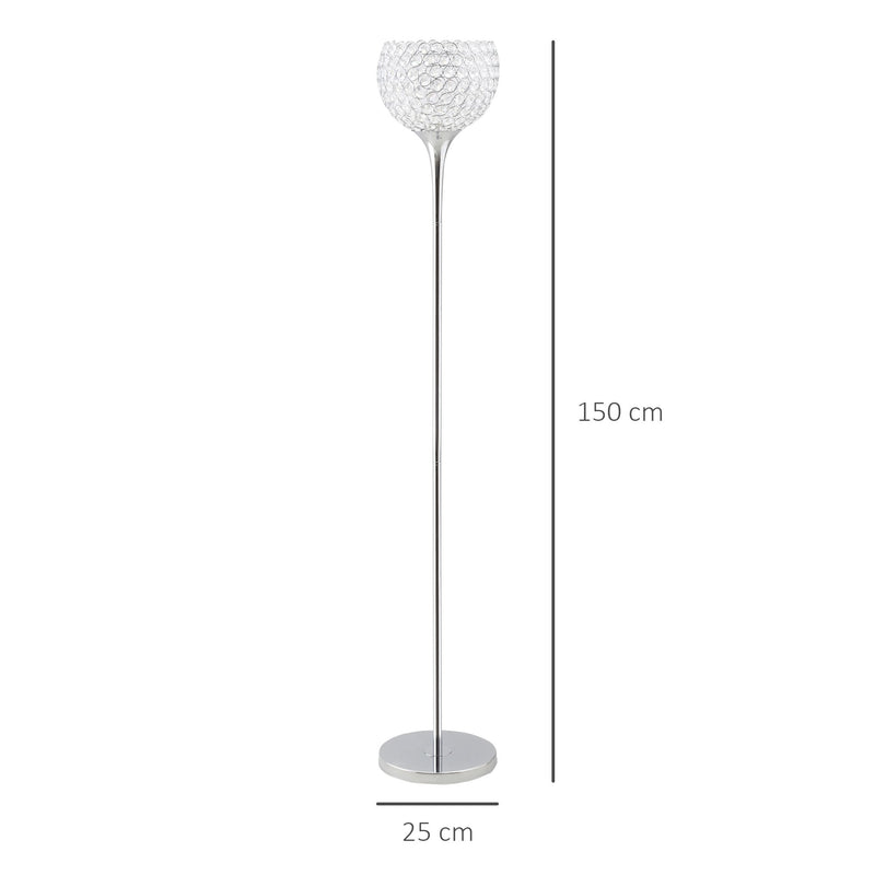 HOMCOM Modern Floor Lamp with K9 Crystal Lampshade, Tall Standing Lamp with E27 Bulb Base and Foot Switch for Living Room Bedroom Study Office Silver Lampshade