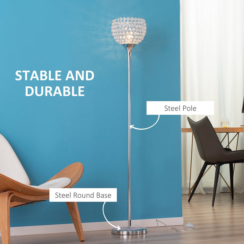 HOMCOM Modern Floor Lamp with K9 Crystal Lampshade, Tall Standing Lamp with E27 Bulb Base and Foot Switch for Living Room Bedroom Study Office Silver Lampshade