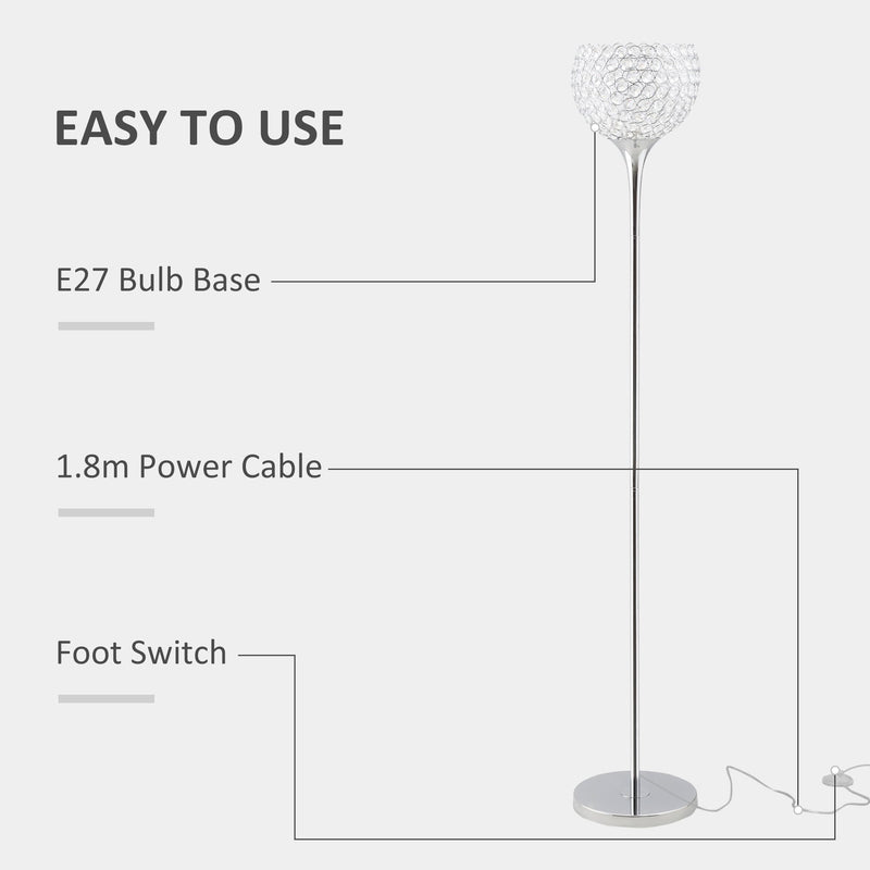 HOMCOM Modern Floor Lamp with K9 Crystal Lampshade, Tall Standing Lamp with E27 Bulb Base and Foot Switch for Living Room Bedroom Study Office Silver Lampshade