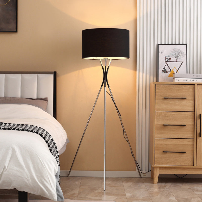 Modern Tripod Floor Lamp, Free Standing Light with Metal Frame, Fabric Lampshade and E27 Base for Living Room, Bedroom, Office, Black Bedroom