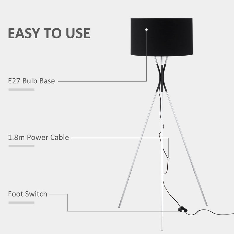 Modern Tripod Floor Lamp, Free Standing Light with Metal Frame, Fabric Lampshade and E27 Base for Living Room, Bedroom, Office, Black Bedroom