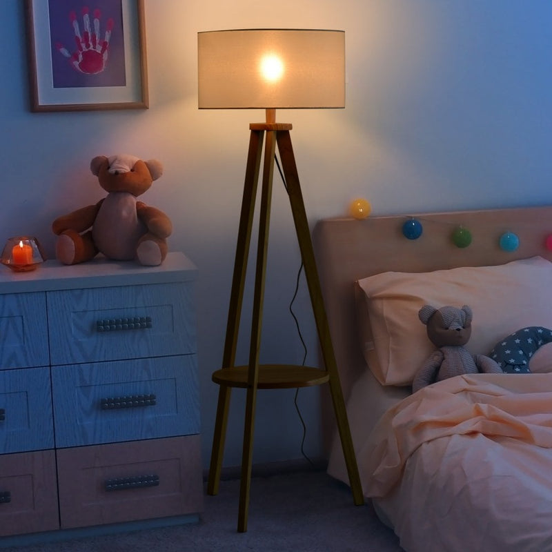 HOMCOM Floor Lamp, 154H cm-Beige/Natural Wood Colour