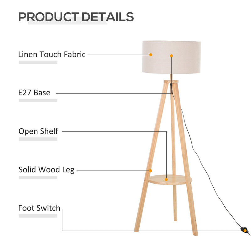 HOMCOM Floor Lamp, 154H cm-Beige/Natural Wood Colour