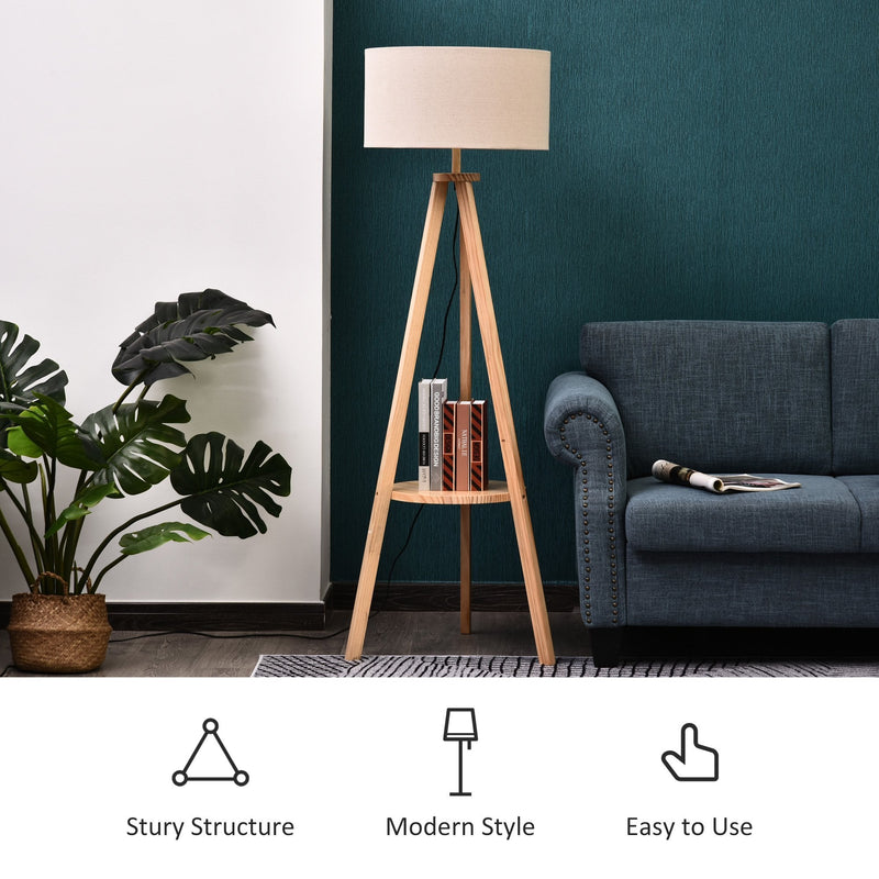 HOMCOM Floor Lamp, 154H cm-Beige/Natural Wood Colour