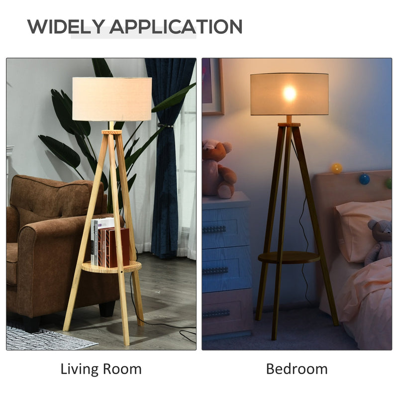 HOMCOM Floor Lamp, 154H cm-Beige/Natural Wood Colour