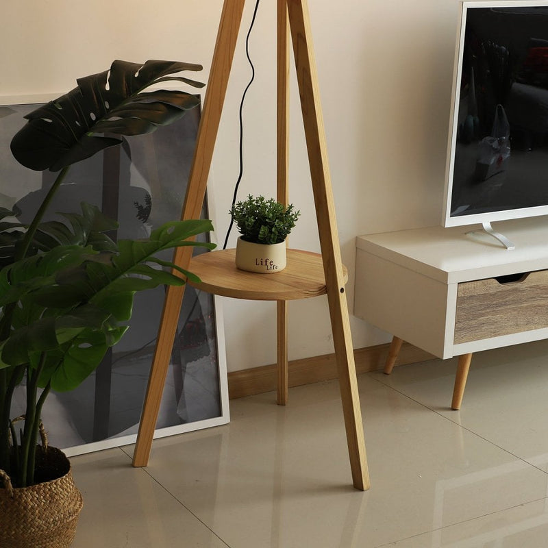 HOMCOM Floor Lamp, 154H cm-Beige/Natural Wood Colour