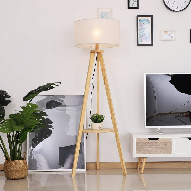 HOMCOM Floor Lamp, 154H cm-Beige/Natural Wood Colour