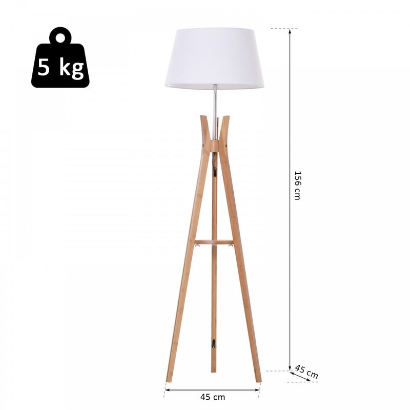 HOMCOM Bamboo Freestanding Tripod Floor Lamp w/ Shelf White