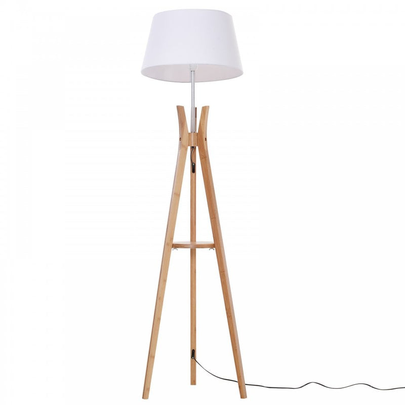 HOMCOM Bamboo Freestanding Tripod Floor Lamp w/ Shelf White