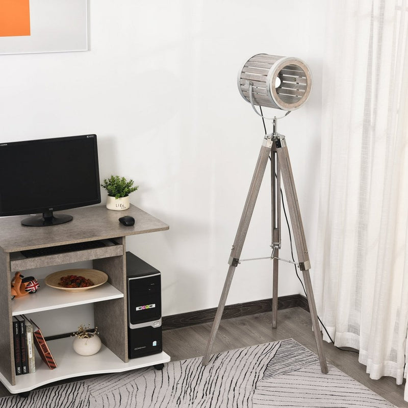 HOMCOM Pine Wood Tripod Floor Lamp Standing Lamp - Brown and Silver