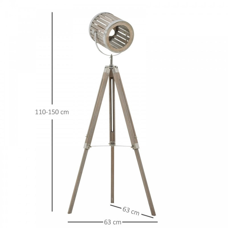 HOMCOM Pine Wood Tripod Floor Lamp Standing Lamp - Brown and Silver