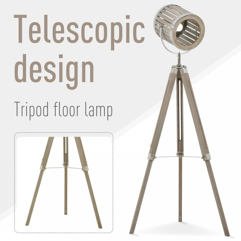 HOMCOM Pine Wood Tripod Floor Lamp Standing Lamp - Brown and Silver