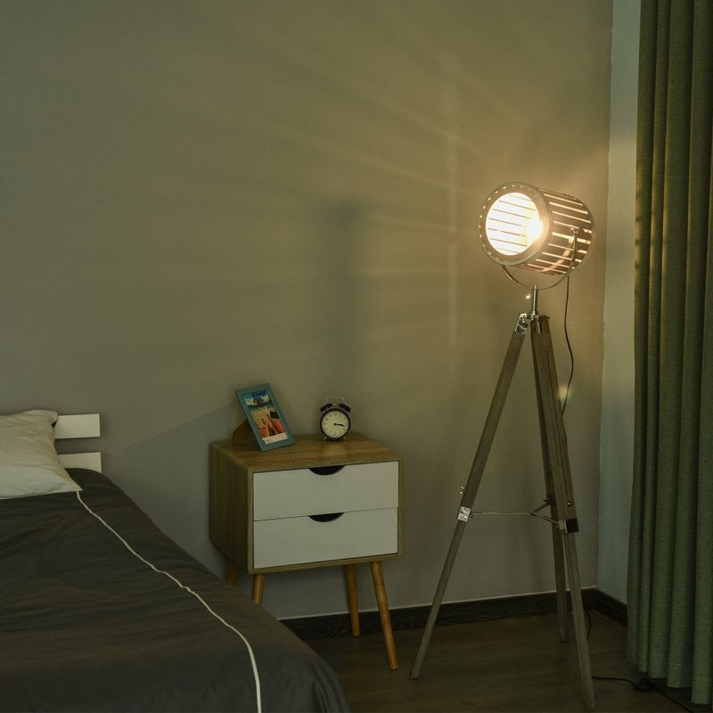 HOMCOM Pine Wood Tripod Floor Lamp Standing Lamp - Brown and Silver