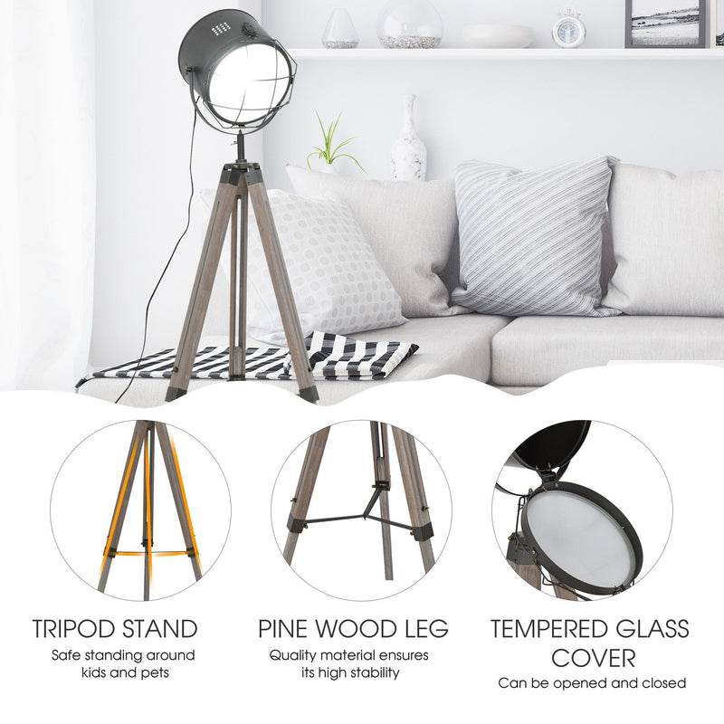 HOMCOM Pine Wood Tripod Spotlight Floor Lamp Brown/Grey
