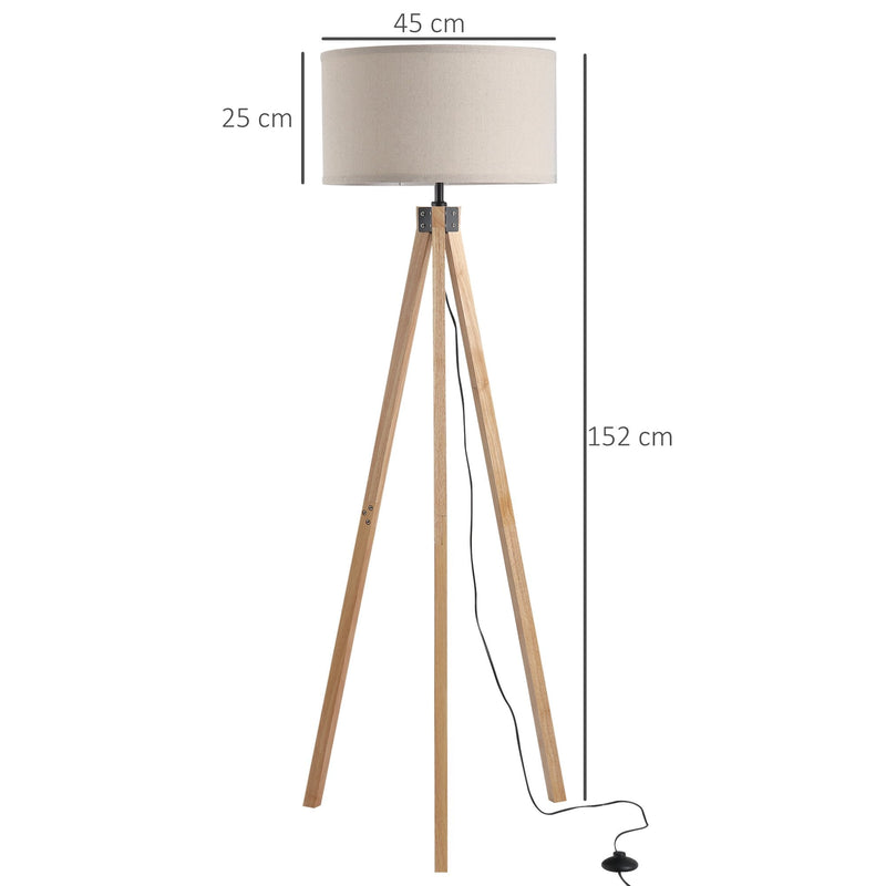 HOMCOM Rubber Wood Tripod Floor Lamp Beige