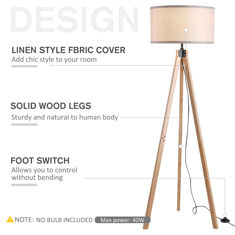 HOMCOM Rubber Wood Tripod Floor Lamp Beige