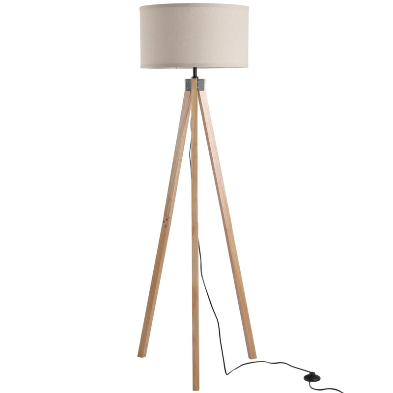 HOMCOM Rubber Wood Tripod Floor Lamp Beige