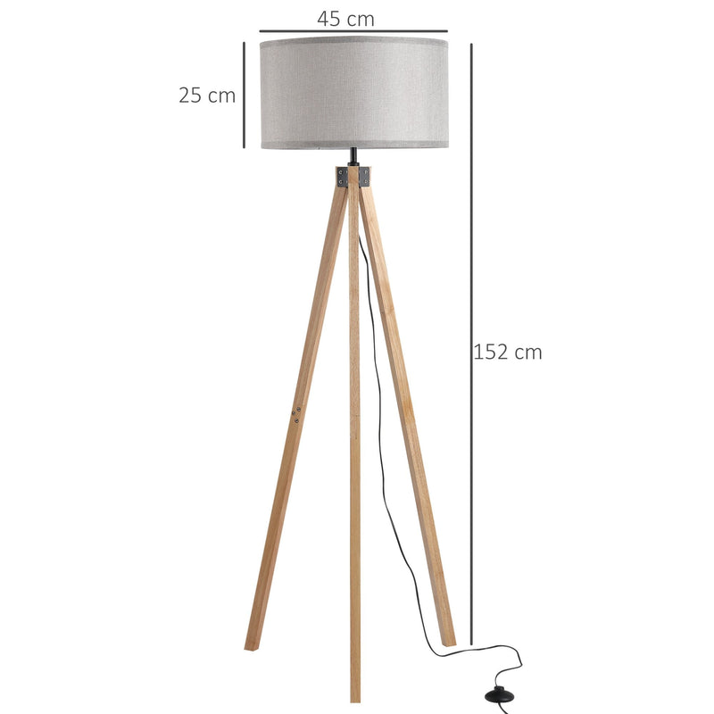 HOMCOM Rubber Wood Tripod Floor Lamp Grey