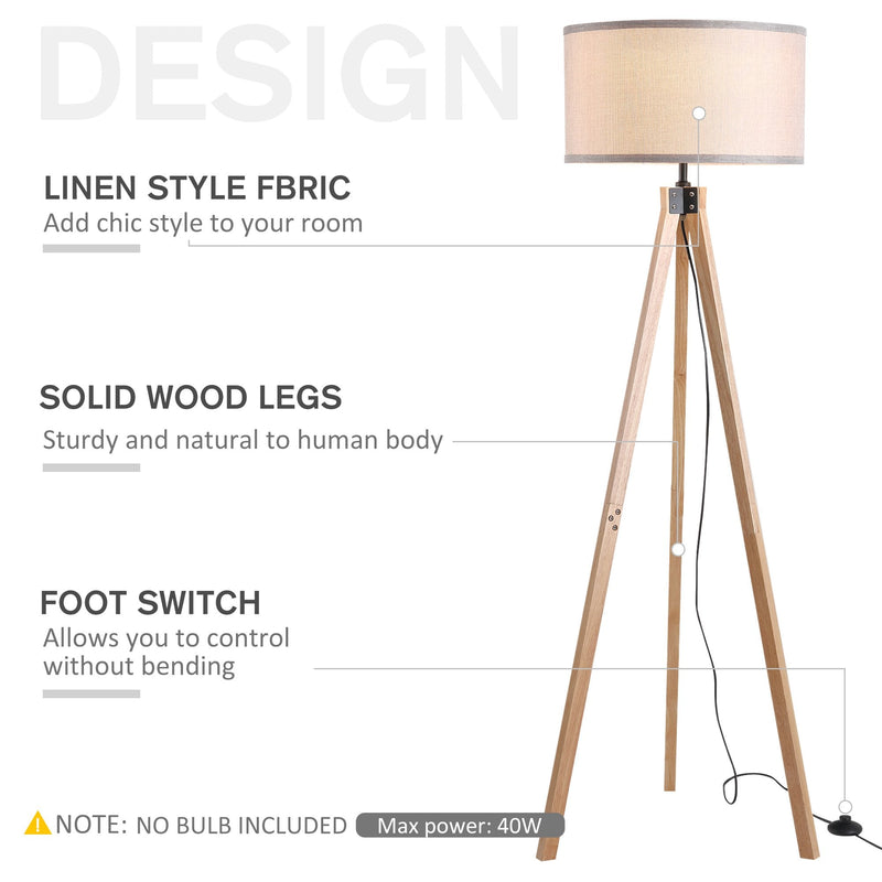 HOMCOM Rubber Wood Tripod Floor Lamp Grey