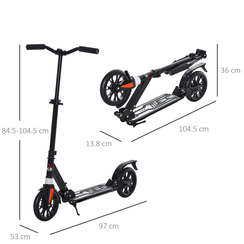 HOMCOM Kick Scooter Foldable Height Adjustable Aluminum Ride On Toy for 14+ Adult Teens with Rear Wheel Brake, Shock Mitigation System and Supported Stand Brake