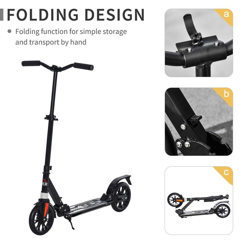 HOMCOM Kick Scooter Foldable Height Adjustable Aluminum Ride On Toy for 14+ Adult Teens with Rear Wheel Brake, Shock Mitigation System and Supported Stand Brake