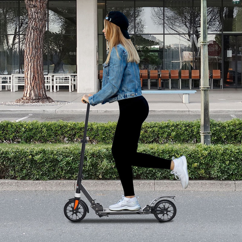 HOMCOM Kick Scooter Foldable Height Adjustable Aluminum Ride On Toy for 14+ Adult Teens with Rear Wheel Brake, Shock Mitigation System and Supported Stand Brake