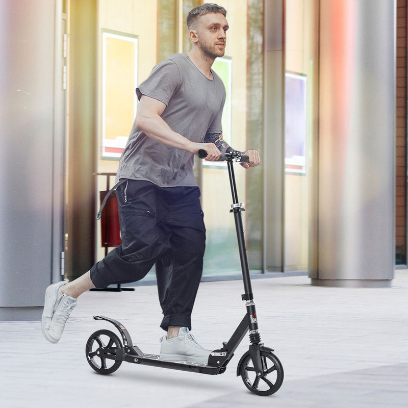 HOMCOM Foldable Kick Scooter w/ Adjustable Handlebar, Rear Brake, 20cm Big Solid Wheels and Shock Absorption System, Lightweight Portable Push Scooter for 14+ Teens Adult Kids Rear-fender