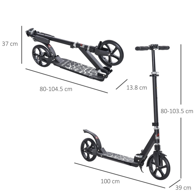 HOMCOM Foldable Kick Scooter w/ Adjustable Handlebar, Rear Brake, 20cm Big Solid Wheels and Shock Absorption System, Lightweight Portable Push Scooter for 14+ Teens Adult Kids Rear-fender