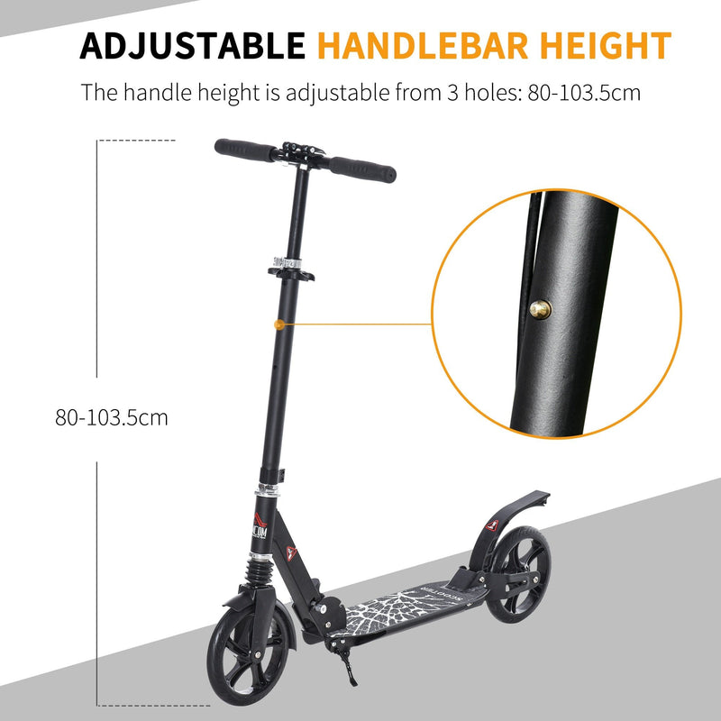 HOMCOM Foldable Kick Scooter w/ Adjustable Handlebar, Rear Brake, 20cm Big Solid Wheels and Shock Absorption System, Lightweight Portable Push Scooter for 14+ Teens Adult Kids Rear-fender
