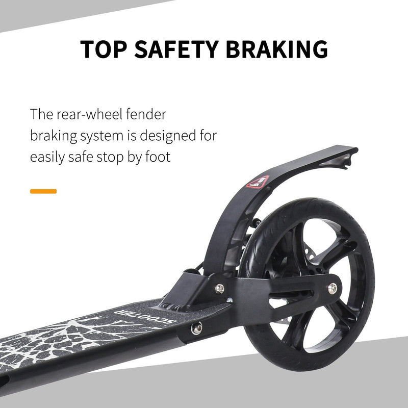 HOMCOM Foldable Kick Scooter w/ Adjustable Handlebar, Rear Brake, 20cm Big Solid Wheels and Shock Absorption System, Lightweight Portable Push Scooter for 14+ Teens Adult Kids Rear-fender