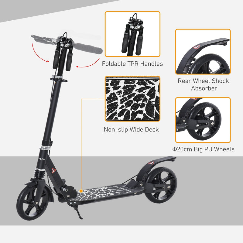 HOMCOM Foldable Kick Scooter w/ Adjustable Handlebar, Rear Brake, 20cm Big Solid Wheels and Shock Absorption System, Lightweight Portable Push Scooter for 14+ Teens Adult Kids Rear-fender
