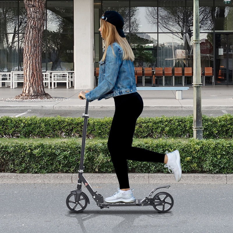 HOMCOM Foldable Kick Scooter w/ Adjustable Handlebar, Rear Brake, 20cm Big Solid Wheels and Shock Absorption System, Lightweight Portable Push Scooter for 14+ Teens Adult Kids Rear-fender