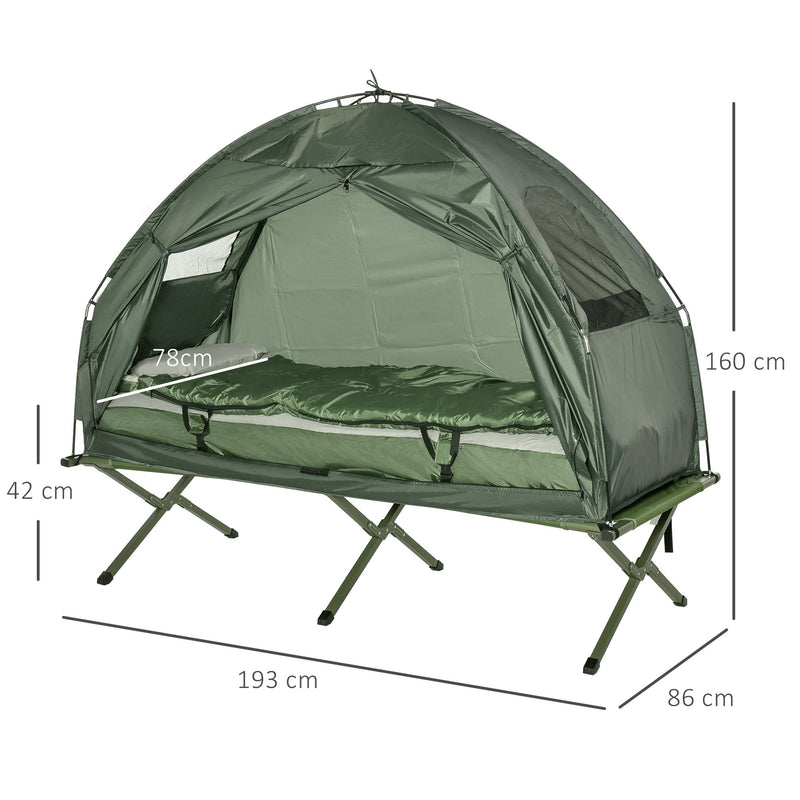 Outsunny Sleeping Bag Tent 1 person Foldable Camping Air Mattress Outdoor Hiking Picnic Bed cot Foot Pump Camp Army Green