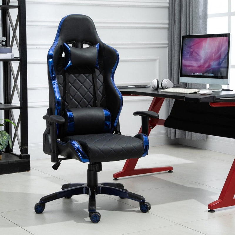 Vinsetto Holographic Stripe Gaming Chair Ergonomic PU Leather High Back 360-¦ Swivel w/ 5 Wheels 2 Pillows Back Support Racing Reclining Black Blue