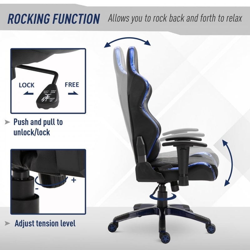 Vinsetto Holographic Stripe Gaming Chair Ergonomic PU Leather High Back 360-¦ Swivel w/ 5 Wheels 2 Pillows Back Support Racing Reclining Black Blue