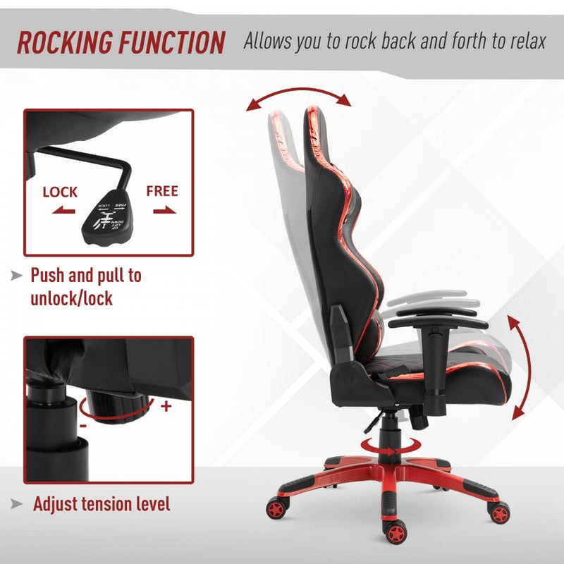 Vinsetto Holographic Stripe Gaming Chair Ergonomic PU Leather High Back 360-¦ Swivel w/ 5 Wheels 2 Pillows Back Support Racing Reclining Black Red