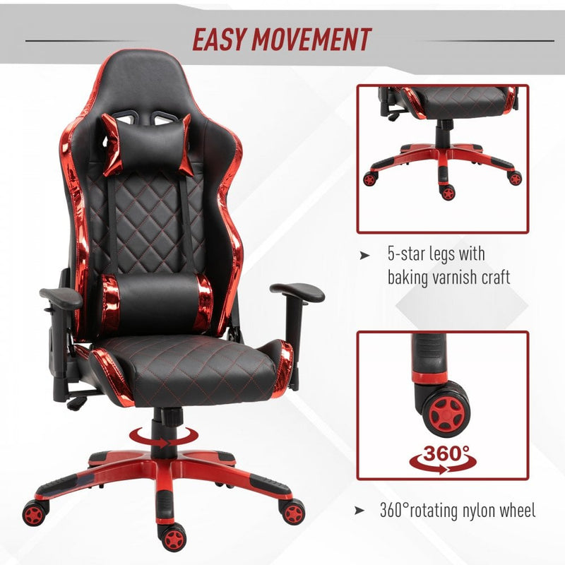 Vinsetto Holographic Stripe Gaming Chair Ergonomic PU Leather High Back 360-¦ Swivel w/ 5 Wheels 2 Pillows Back Support Racing Reclining Black Red