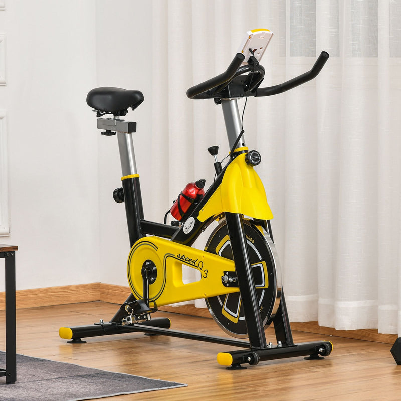 Stationary Spinning Exercise Bike 6kg Flywheel Indoor Gym Office Cycling Cardio Workout Fitness Bike Adjustable Resistance LCD Monitor Pad and Bottle Holder Yellow w/
