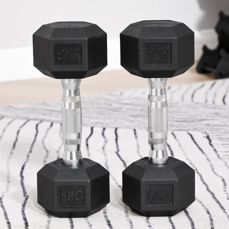 Rubber Dumbbell Sports Hex Weights Set 2x5kg Ergo Workout Pair