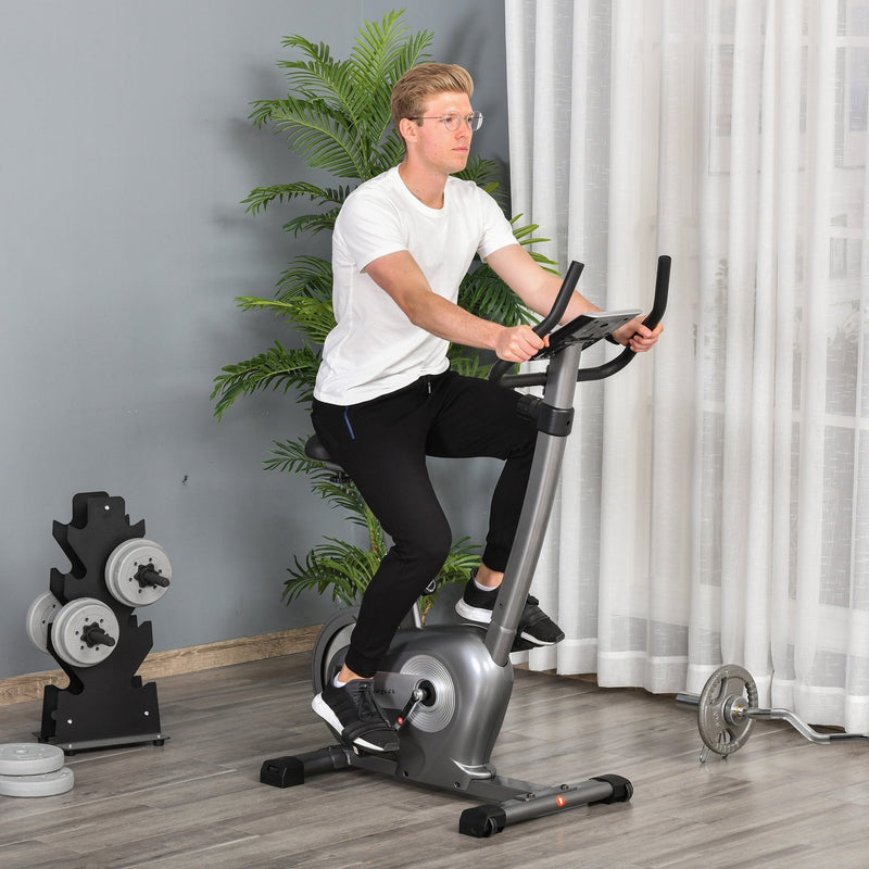 Indoor Magnetic Exercise Bike 10-Level Adjustable Magnetic Resistance Cardio Workout Cycling Bike Trainer, 16lbs Flywheel, LCD Display, and Adjustable Seat Height Grey Adjust Trainer