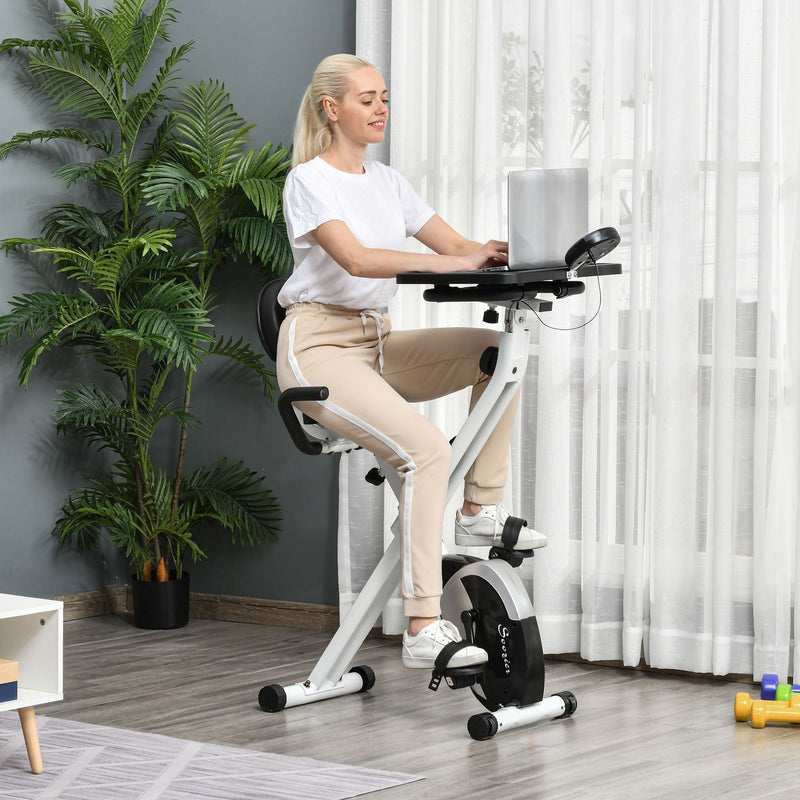 Indoor Magnetic Exercise Bike 8-Level Adjustable Magnetic Resistance Cardio Trainer Seat Height Adjustable Cycling Bike, w/ Desktop, 1.5kg Flywheel, LCD Display,  White Adjust Workout