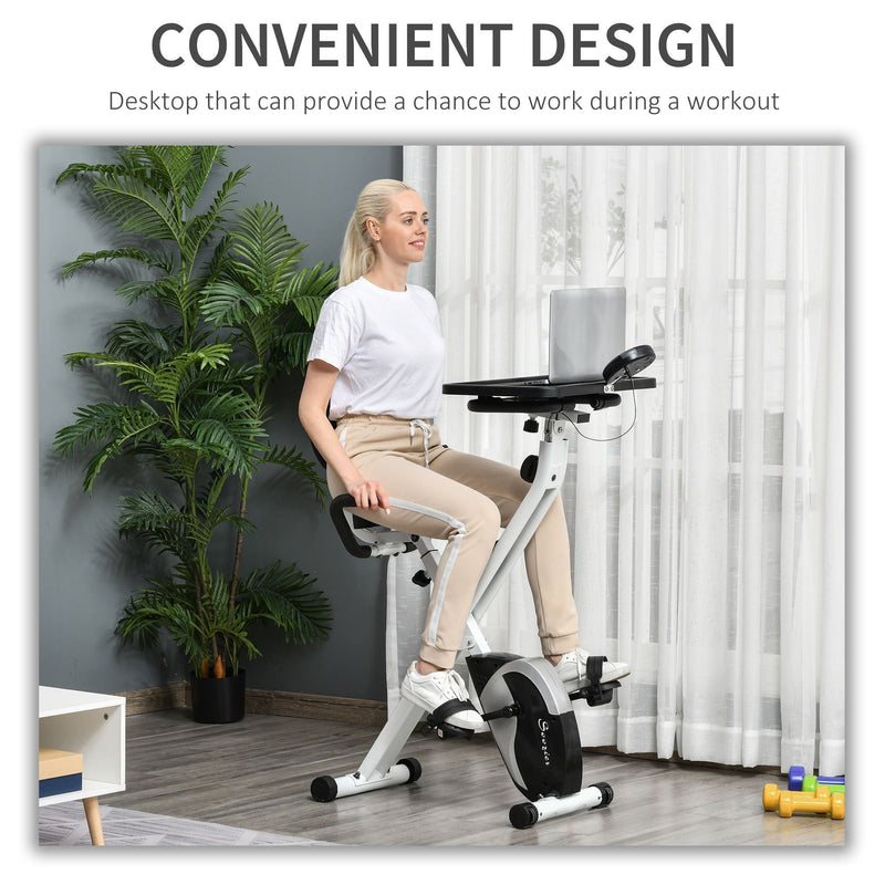 Indoor Magnetic Exercise Bike 8-Level Adjustable Magnetic Resistance Cardio Trainer Seat Height Adjustable Cycling Bike, w/ Desktop, 1.5kg Flywheel, LCD Display,  White Adjust Workout