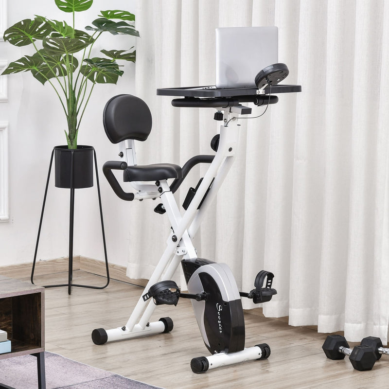 Indoor Magnetic Exercise Bike 8-Level Adjustable Magnetic Resistance Cardio Trainer Seat Height Adjustable Cycling Bike, w/ Desktop, 1.5kg Flywheel, LCD Display,  White Adjust Workout