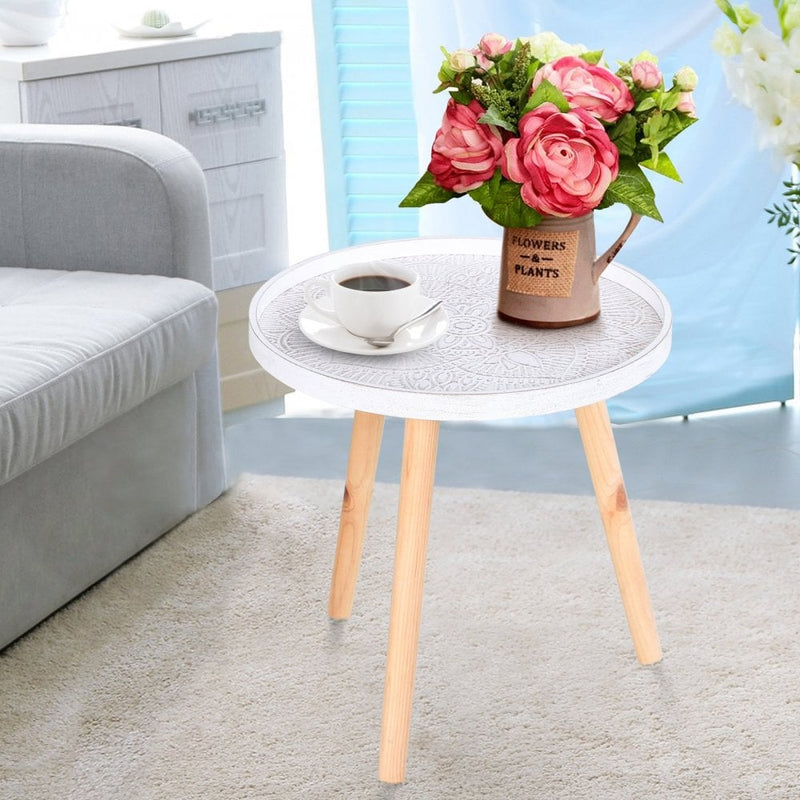 Pine Wood Floral Etched Side Table w/ Saucer Top White