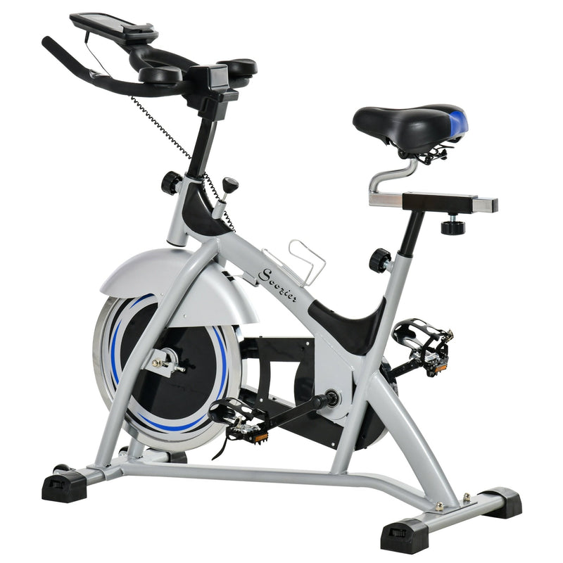 Indoor Cycling Bike Quiet Belt Drive Exercise Stationary, Flywheel Cardio Workout Bicycle , Comfortable Adjustable Seat & Handle with Elbow Pads, w/ LCD Monitor, Phone Holder, Bottle Holder Adjust