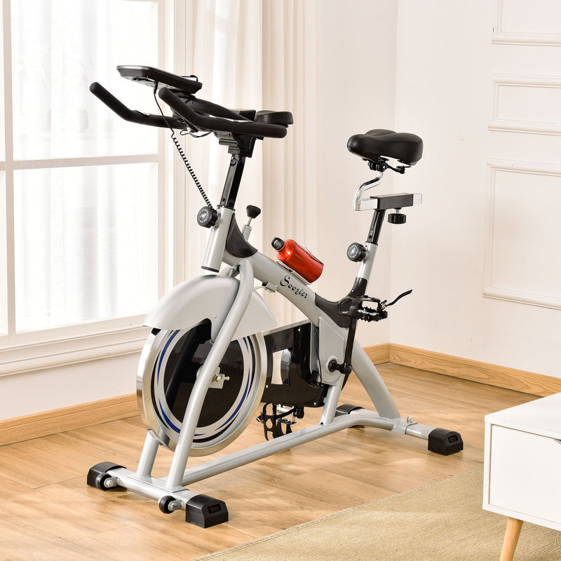 Indoor Cycling Bike Quiet Belt Drive Exercise Stationary, Flywheel Cardio Workout Bicycle , Comfortable Adjustable Seat & Handle with Elbow Pads, w/ LCD Monitor, Phone Holder, Bottle Holder Adjust