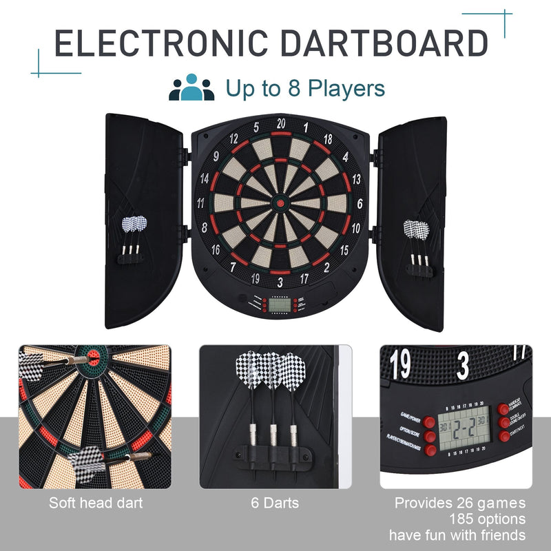 HOMCOM Electronic Dartboard Set 26 Games and 185 Variations with 6 Darts and Cabinet to Stroage Multi-Game Option Ready-to-Play Games
