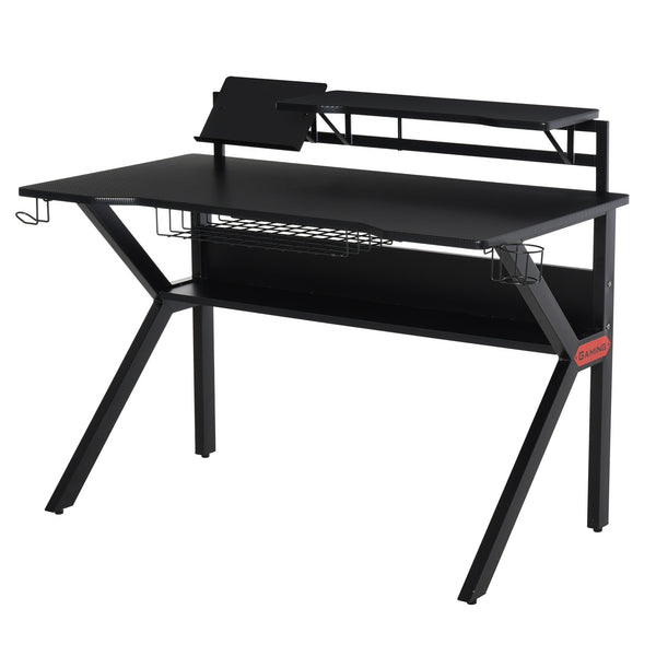 Metal Frame Gaming Computer Desk w/Cup Holder Headphone Hook & Cable Basket Black