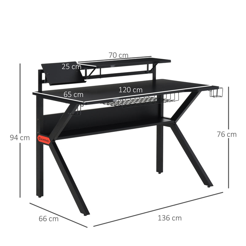 Metal Frame Gaming Computer Desk w/Cup Holder Headphone Hook & Cable Basket Black