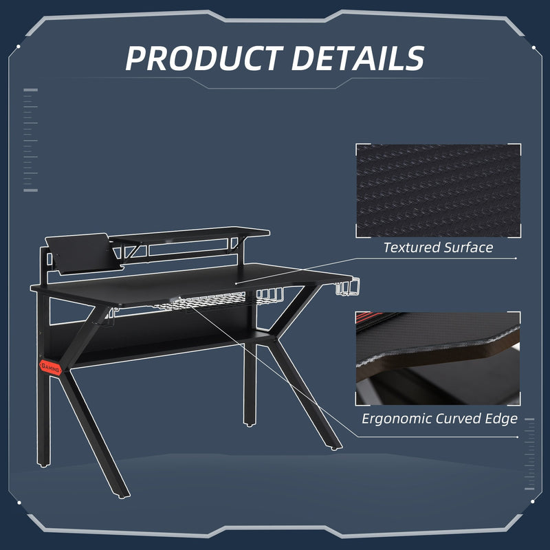 Metal Frame Gaming Computer Desk w/Cup Holder Headphone Hook & Cable Basket Black
